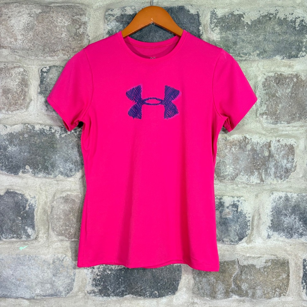 Under Armour HeatGear Womens Pink Short Sleeve Run Graphic T-Shirt Small Neon